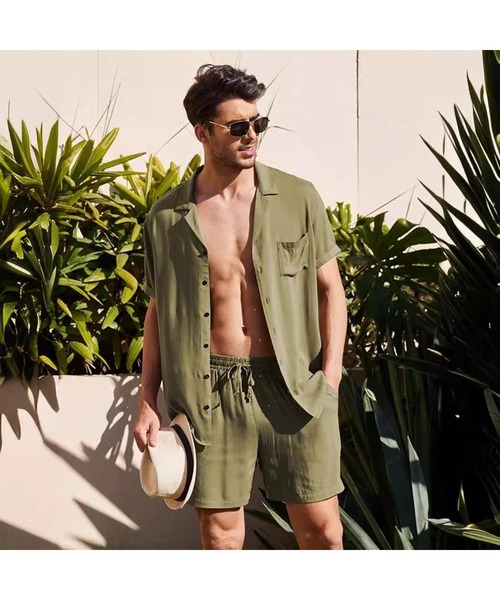 TopIsm（トップイズム）の「コットン無地　半袖オープンシャツとショーツのセットアップ（シャツ/ブラウス・メンズ・ベージュ/ホワイト/グレー/カーキ/ブラック・M/L）」の5枚目の写真