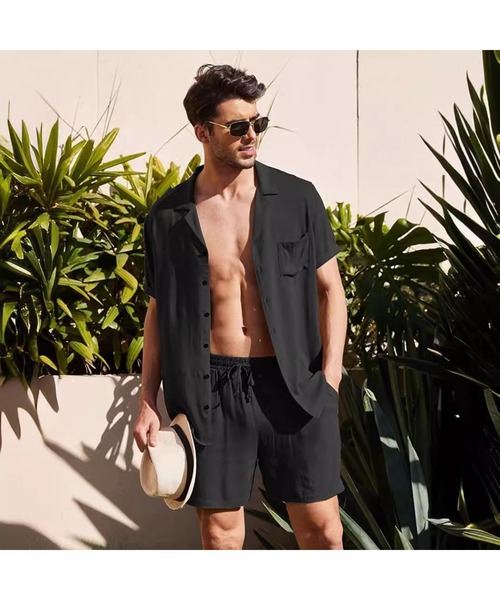 TopIsm（トップイズム）の「コットン無地　半袖オープンシャツとショーツのセットアップ（シャツ/ブラウス・メンズ・ベージュ/ホワイト/グレー/カーキ/ブラック・M/L）」の2枚目の写真