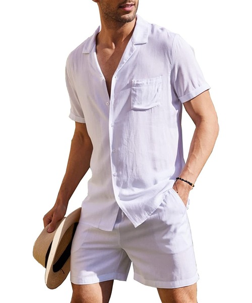 TopIsm（トップイズム）の「コットン無地　半袖オープンシャツとショーツのセットアップ（シャツ/ブラウス・メンズ・ベージュ/ホワイト/グレー/カーキ/ブラック・M/L）」の6枚目の写真