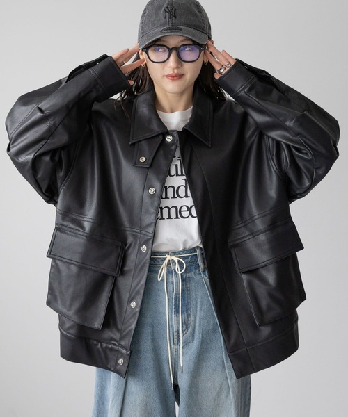 RAGEBLUE（レイジブルー）の「オーバーサイズ/フェイクレザーブルゾン（ブルゾン・レディース・ブラウン/ブラック・FREE）」の2枚目の写真