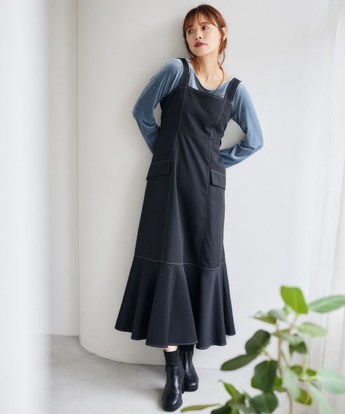 mysty woman（ミスティウーマン）の「フラップポケットジャンスカ　 260053（ジャンパースカート・レディース・ブラック/ライトベージュ/ブラウン・FREE）」の5枚目の写真