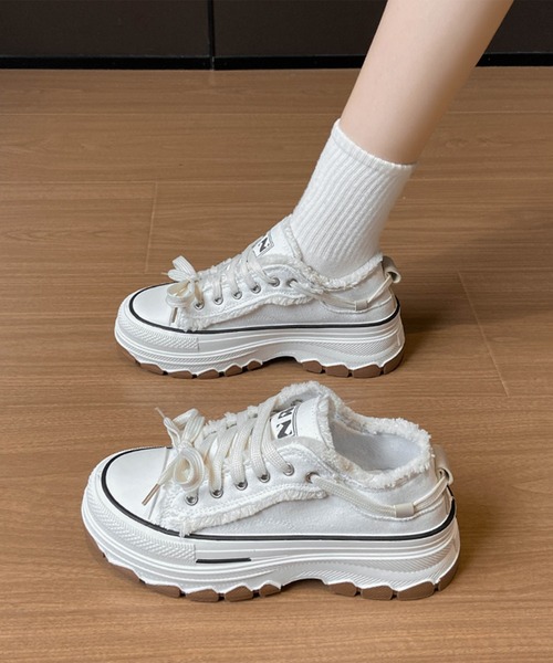 BODYLINE 新品　未使用　木底　厚底　パンプス　白　激レア　【Mサイズ】 セール】フリンジ ライン 厚底 レースアップ スニーカー（スニーカー