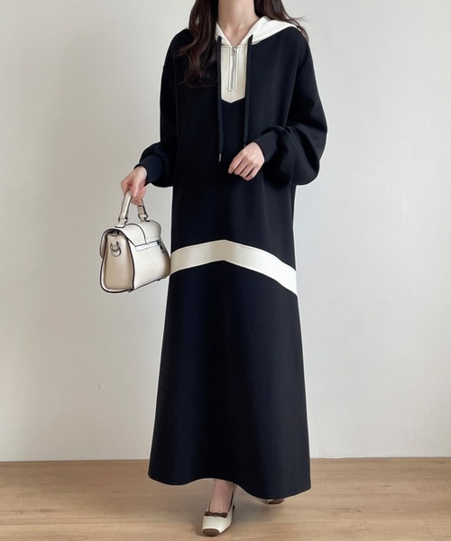【セール】バイカラーハーフジップ段ボールスウェットパーカーワンピース（ワンピース）｜emi+（エミプラス）