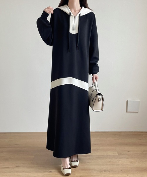 【セール】バイカラーハーフジップ段ボールスウェットパーカーワンピース（ワンピース）｜emi+（エミプラス）