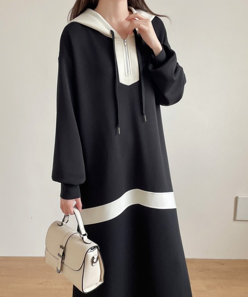 【セール】バイカラーハーフジップ段ボールスウェットパーカーワンピース（ワンピース）｜emi+（エミプラス）