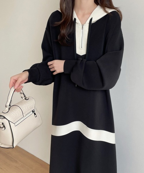 【セール】バイカラーハーフジップ段ボールスウェットパーカーワンピース（ワンピース）｜emi+（エミプラス）