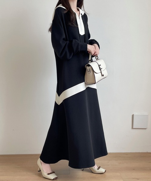 【セール】バイカラーハーフジップ段ボールスウェットパーカーワンピース（ワンピース）｜emi+（エミプラス）