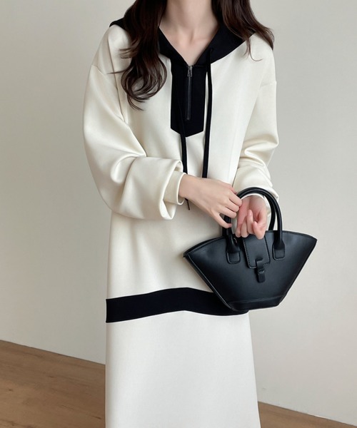 【セール】バイカラーハーフジップ段ボールスウェットパーカーワンピース（ワンピース）｜emi+（エミプラス）