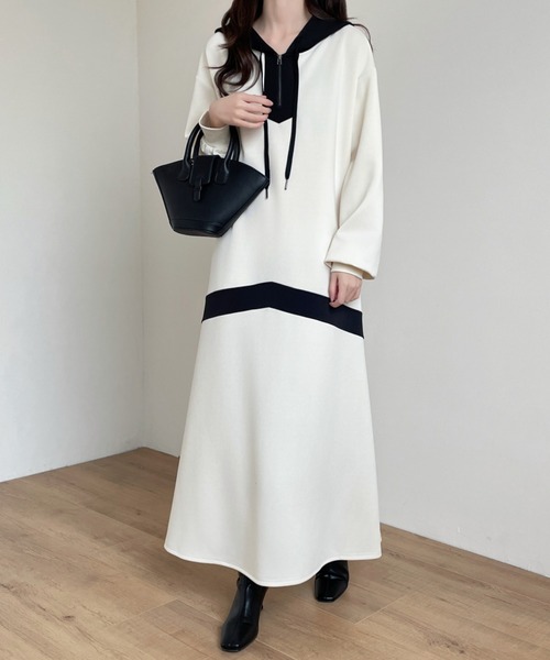 【セール】バイカラーハーフジップ段ボールスウェットパーカーワンピース（ワンピース）｜emi+（エミプラス）