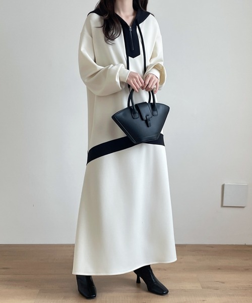 【セール】バイカラーハーフジップ段ボールスウェットパーカーワンピース（ワンピース）｜emi+（エミプラス）