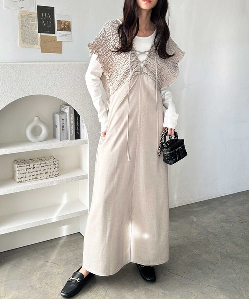 GeeRA（ジーラ）の「夏にぴったり。前後2WAYシャーリングフレアワンピース（ジャンパースカート・レディース・ブラック/ベージュ・LARGE/X-LARGE/MEDIUM）」の8枚目の写真