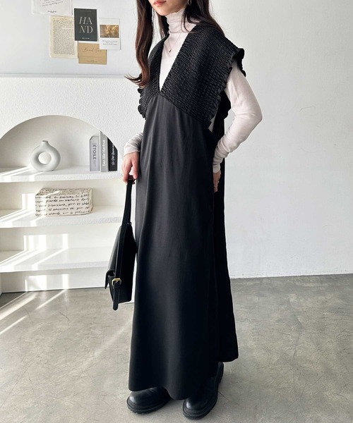 GeeRA（ジーラ）の「夏にぴったり。前後2WAYシャーリングフレアワンピース（ジャンパースカート・レディース・ブラック/ベージュ・LARGE/X-LARGE/MEDIUM）」の4枚目の写真