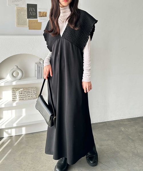 GeeRA（ジーラ）の「夏にぴったり。前後2WAYシャーリングフレアワンピース（ジャンパースカート・レディース・ブラック/ベージュ・LARGE/X-LARGE/MEDIUM）」の3枚目の写真