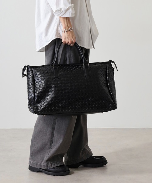 ommo ノベルティ　黒　新品未使用　バック　ボストン セール】ABETTOR 大人トラベル大容量PUエンボス編みボストン