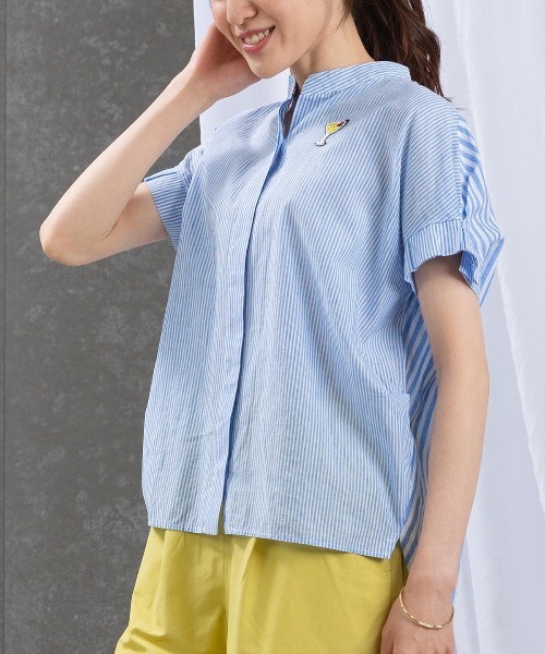 STUDIO PICONE（スタジオピッコーネ）の「コットン×麻ストライプブラウス（シャツ/ブラウス・レディース・ブルー/ネイビー・M/L/LL）」の2枚目の写真