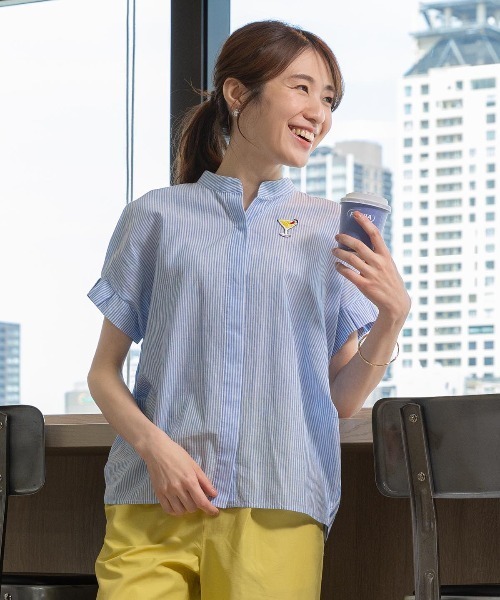 【 セール 30％OFF 】 コットン×麻ストライプブラウス 売れ筋商品|||スタジオピッコーネ レディース セール】コットン×麻ストライプブラウス（シャツ/ブラウス