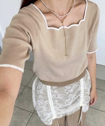 GeeRA | 夏の大人フェミニンコーデに 配色スカラップ５分袖サマーニット(ニット/セーター)