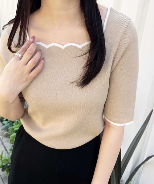 GeeRA(ジーラ)の「夏の大人フェミニンコーデに 配色スカラップ5分袖サマーニット(ニット/セーター・レディース・サンドグレー/オフホワイト/ブラック・LARGE/MEDIUM)」の9枚目の写真