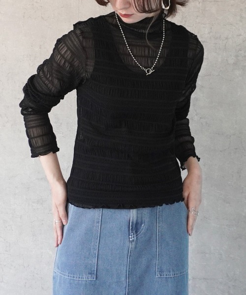 SELECT LEVERY(セレクトリベリー)の「スモッキングレースハイネックプルオーバー(Tシャツ/カットソー・レディース・ブラック/オフホワイト/ナチュラル・MEDIUM)」の3枚目の写真