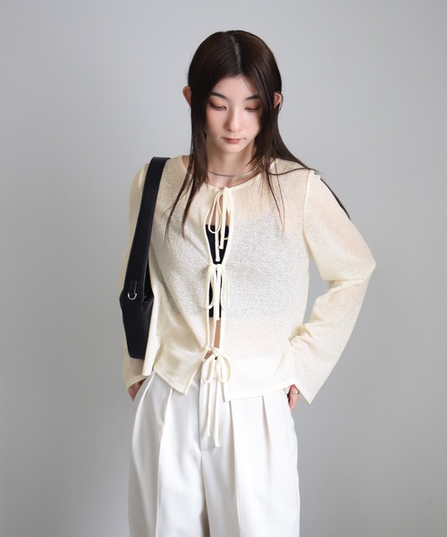 セール】【冷房対策】2WAYリボンスラブシアートップス（Tシャツ