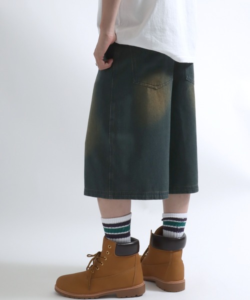 Salong hameu（サロン ハミュー）の「12ozオーバーダイ デニムワイドハーフパンツ/バミューダパンツ/ジョーツ メンズ レディース ユニセックス（デニムパンツ・メンズ・ブルー/チャコール/ブラック系/ネイビー系/ネイビー系1/グリーン系その他/ライトブルー・LL/M/L）」の6枚目の写真