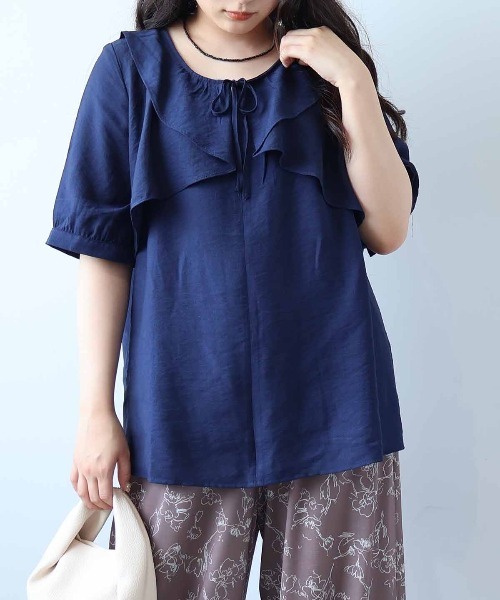 ブラウス シャツ 「L〜5L 大きいサイズ」リネンライクラッフルフリルブラウス 半袖 春夏 レディース セール】【L～5L 大きいサイズ】リネンライクラッフルフリル