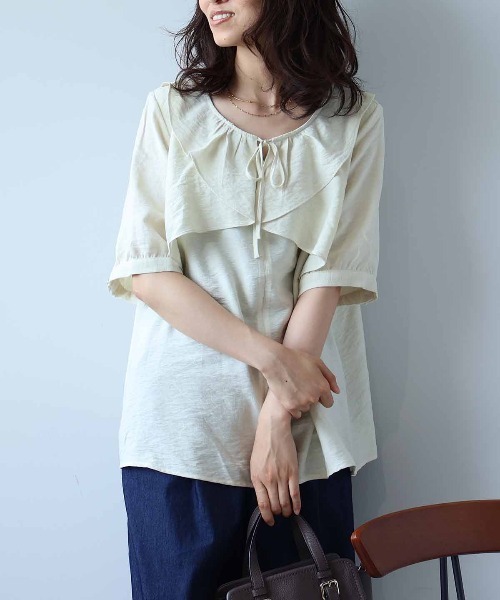 ブラウス シャツ 「L〜5L 大きいサイズ」リネンライクラッフルフリルブラウス 半袖 春夏 レディース セール】【L～5L 大きいサイズ】リネンライクラッフルフリル