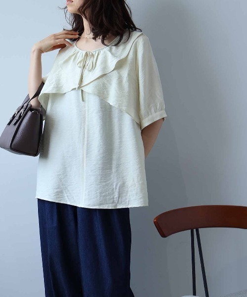ブラウス シャツ 「L〜5L 大きいサイズ」リネンライクラッフルフリルブラウス 半袖 春夏 レディース セール】【L～5L 大きいサイズ】リネンライクラッフルフリル