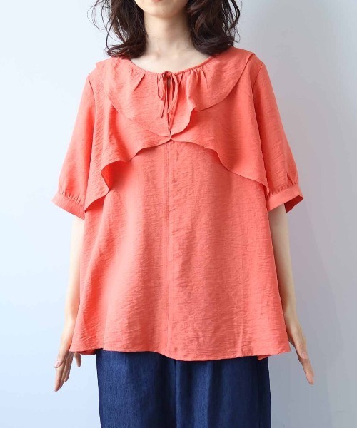 ブラウス シャツ 「L〜5L 大きいサイズ」リネンライクラッフルフリルブラウス 半袖 春夏 レディース セール】【L～5L 大きいサイズ】リネンライクラッフルフリル