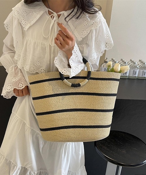 TONE SELECT GOODS（トーンセレクトグッズ）の「Liaa/ボーダー かごバッグ A18646（かごバッグ・レディース・ベージュ/ブラウン・FREE）」の2枚目の写真