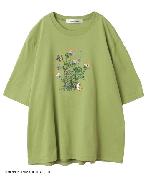 tシャツ SUPER　HAKKA×世界名作劇場　あらいぐまラスカルとシロツメクサ刺繍Tシャツ レディース SUPER HAKKA×世界名作劇場 あらいぐまラスカルとブーツ刺繍