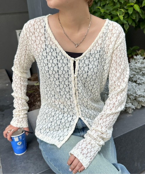PILIT(ピリット)の「Vネックレースカーディガン(Tシャツ/カットソー・レディース・アイボリー/ブラック・MEDIUM)」の2枚目の写真