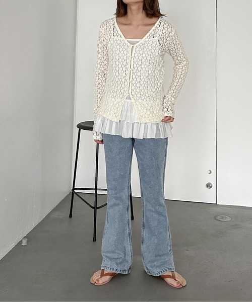 PILIT(ピリット)の「Vネックレースカーディガン(Tシャツ/カットソー・レディース・アイボリー/ブラック・MEDIUM)」の9枚目の写真