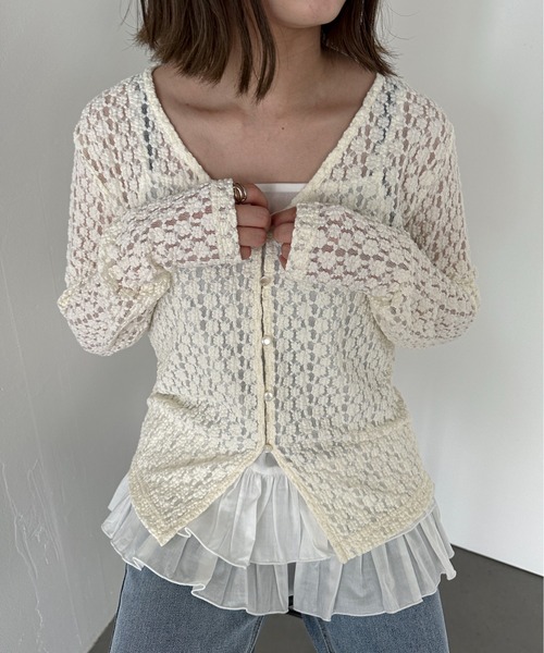 PILIT(ピリット)の「Vネックレースカーディガン(Tシャツ/カットソー・レディース・アイボリー/ブラック・MEDIUM)」の4枚目の写真