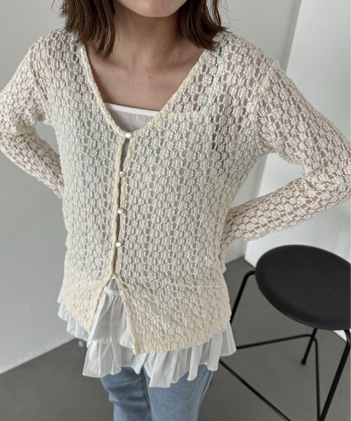 PILIT(ピリット)の「Vネックレースカーディガン(Tシャツ/カットソー・レディース・アイボリー/ブラック・MEDIUM)」の3枚目の写真