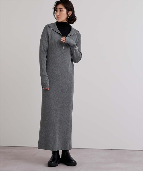 UR'S(ユアーズ)の「ZIPデザインニットワンピース(ワンピース・レディース・グレイッシュベージュ/チャコール・L/M/S)」の3枚目の写真