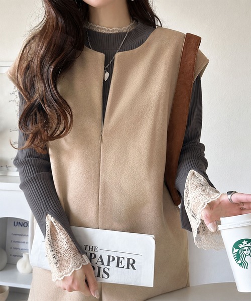 classicalelf（クラシカルエルフ）の「レイヤードコーデが楽しめる！フェイクウールハーフジップオールインワン（パンツ）（つなぎ/オールインワン・レディース・ベージュ/チャコール/ブラック・LARGE/X-LARGE/MEDIUM/SMALL）」の3枚目の写真