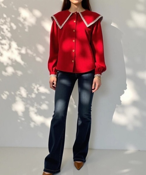 cammie(キャミー)の「ワイドカラーデザインブラウストップス(シャツ/ブラウス・レディース・レッド/アイボリー/ブラック・M/L)」の7枚目の写真