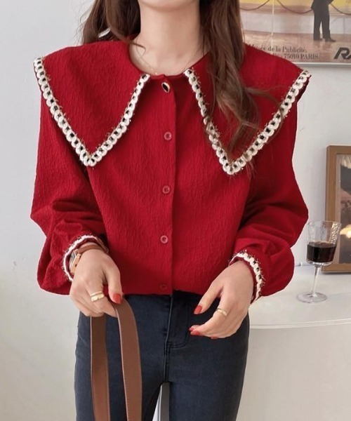 cammie(キャミー)の「ワイドカラーデザインブラウストップス(シャツ/ブラウス・レディース・レッド/アイボリー/ブラック・M/L)」の6枚目の写真