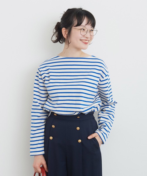 16/2空紡糸ボーダー チェリー刺繍プルオーバー（Tシャツ/カットソー