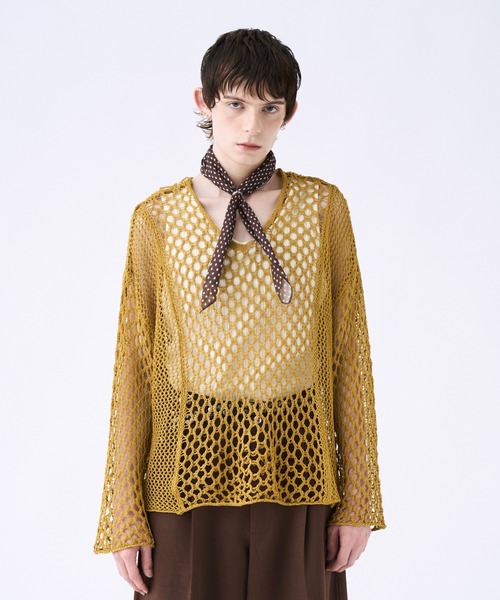 seyto（セイト）の「Blocking V-neck mesh knit ブロッキングVネックメッシュニット（ニット/セーター・メンズ・グレー/ブラック/マスタード・1/2）」の3枚目の写真