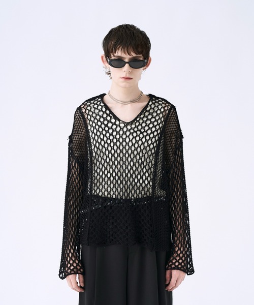 seyto(ZCg)Blocking V-neck mesh knit ubLOVlbNbVjbg(jbg/Z[^[)