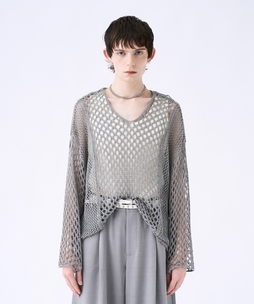 Blocking V-neck mesh knit ブロッキングVネックメッシュニット