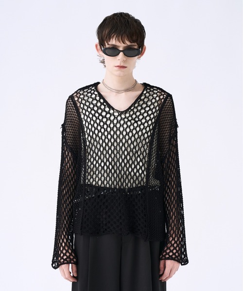 Blocking V-neck mesh knit ブロッキングVネックメッシュニット