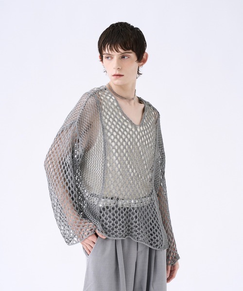 seyto（セイト）の「Blocking V-neck mesh knit ブロッキングVネックメッシュニット（ニット/セーター・メンズ・グレー/ブラック/マスタード・1/2）」の8枚目の写真