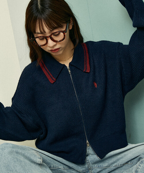 U.S. POLO ASSN.（ユーエスポロアッスン）の「U.S. POLO ASSN. × PUBLUX/ユーエスポロアッスン 襟ライン入り ドライバーズニット　限定展開（カーディガン/ボレロ・レディース・ベージュ/ネイビー/グレー/ブラック・ﾌﾘ-）」の15枚目の写真