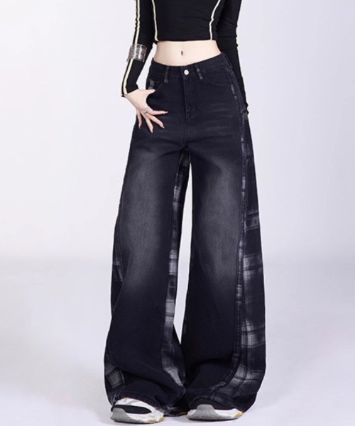 gossip!ロサンゼルス(ゴシップロサンゼルス)の「チェックパターン切り替えワイドデニム(デニムパンツ・レディース・ブラック・M/S/L)」の12枚目の写真