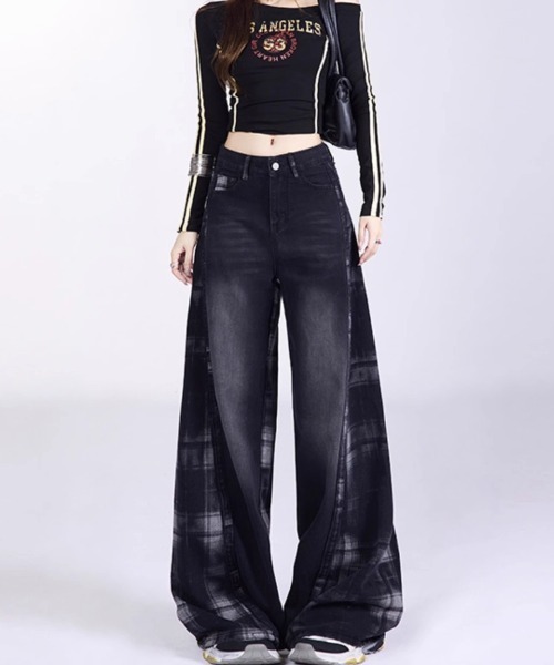 gossip!ロサンゼルス(ゴシップロサンゼルス)の「チェックパターン切り替えワイドデニム(デニムパンツ・レディース・ブラック・M/S/L)」の14枚目の写真