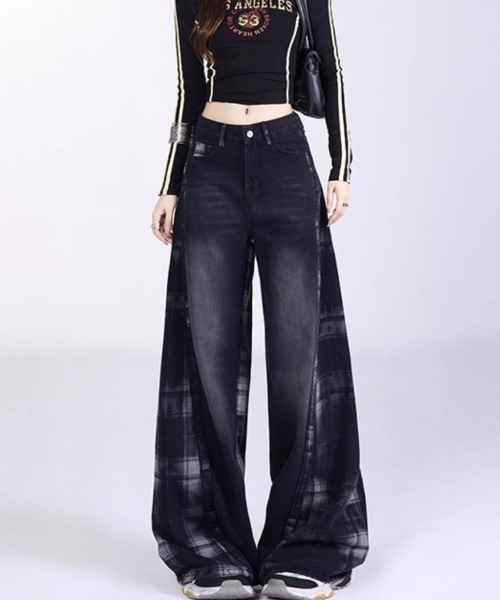 gossip!ロサンゼルス(ゴシップロサンゼルス)の「チェックパターン切り替えワイドデニム(デニムパンツ・レディース・ブラック・M/S/L)」の15枚目の写真