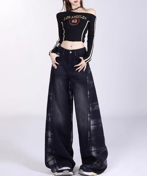 gossip!ロサンゼルス(ゴシップロサンゼルス)の「チェックパターン切り替えワイドデニム(デニムパンツ・レディース・ブラック・M/S/L)」の16枚目の写真